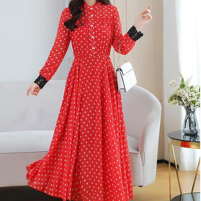 Rochie Adora rosie cu mansete din dantela si imprimeu buline