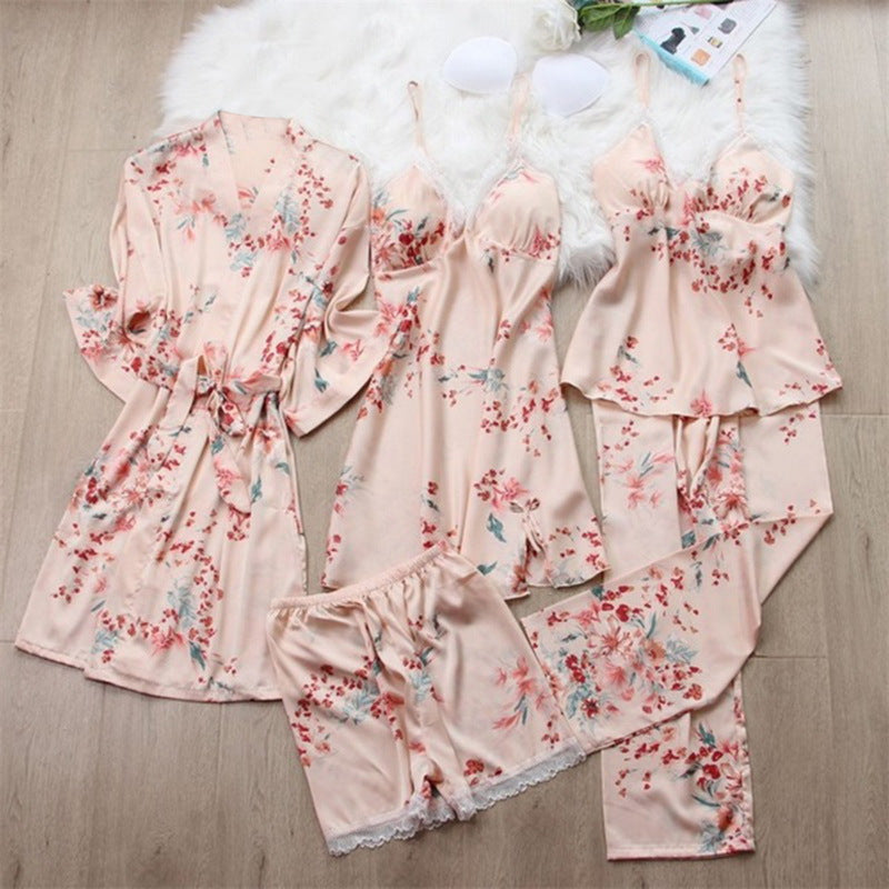 Set pijama Lalle neagra din tesatura satinata si dantela - 5 piese