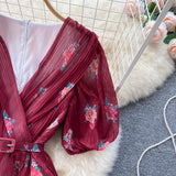 Rochie Echim rosie cu pliuri si imprimeu floral