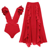 Set Minda rosu compus din costum de baie si fusta lunga vaporoasa