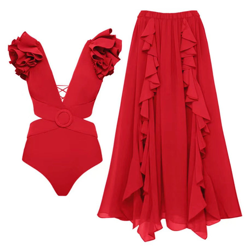 Set Minda rosu compus din costum de baie si fusta lunga vaporoasa