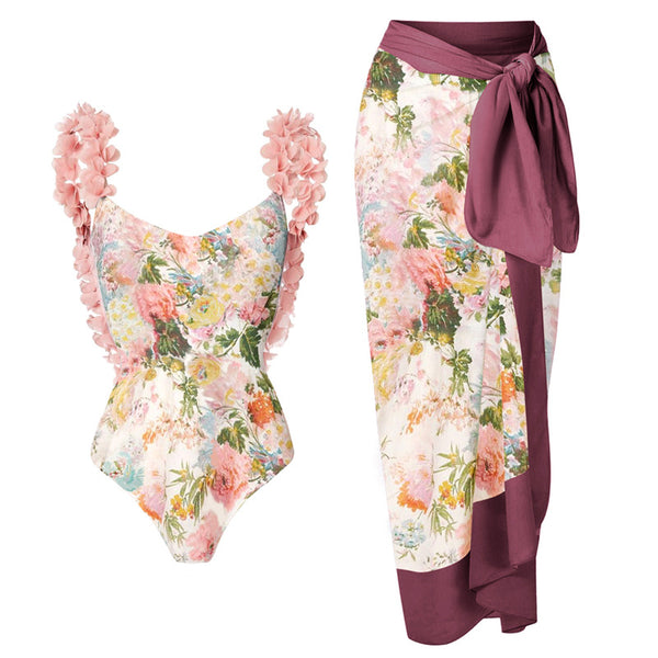 Set Ilinda format din costum de baie si fusta cu imprimeu floral