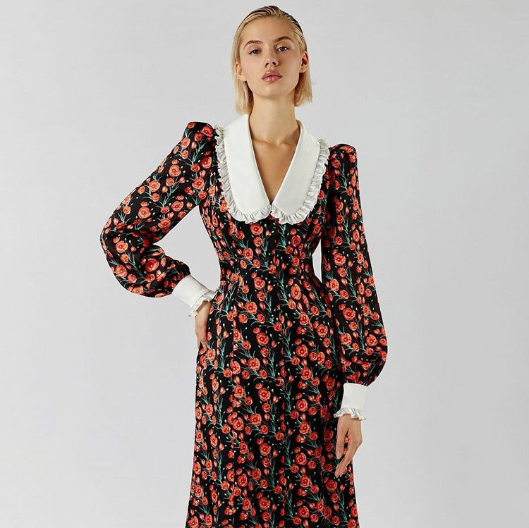 Rochie Garcela neagra cu guler lat si imprimeu floral