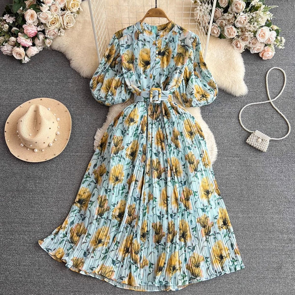 Rochie Galle albastra cu imprimeu floral si pliuri