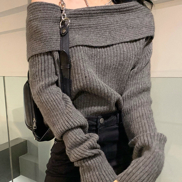 Bluza Yvette din tricot cu decolteu barcuta cu umeri goi