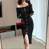 Rochie Enid din tricot cu decolteu barcuta si reiatii
