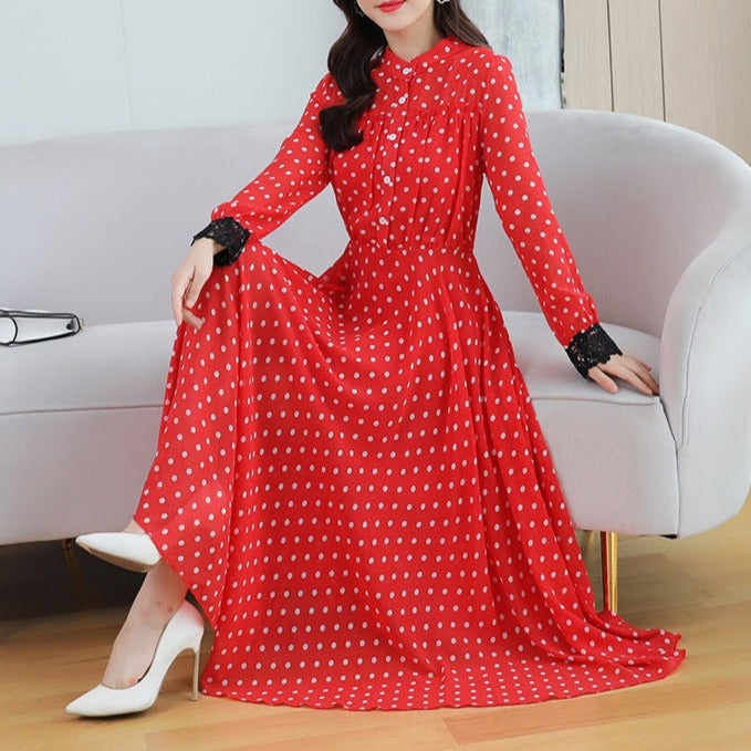 Rochie Adora rosie cu mansete din dantela si imprimeu buline