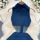 Rochie midi Julya din denim, cu crapaturi in fata