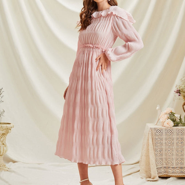 Rochie Yolanda roz pastel din voal cu pliuri