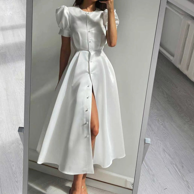 Rochie Afra alba cu nasturi tip perle si maneci bufante