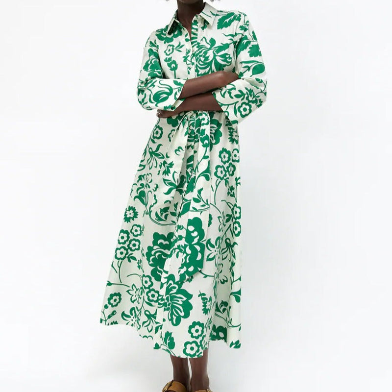 Rochie Orli verde tip camasa cu imprimeu floral si cordon accesorizat