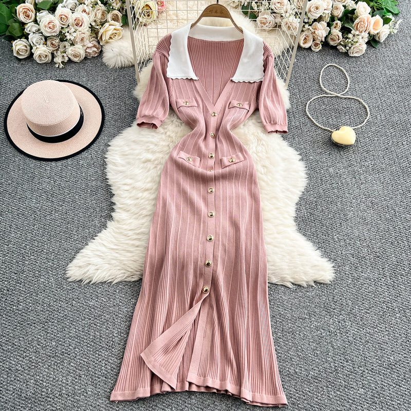 Rochie Acanthe din tricot cu guler lat si decolteu in V