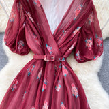 Rochie Echim rosie cu pliuri si imprimeu floral