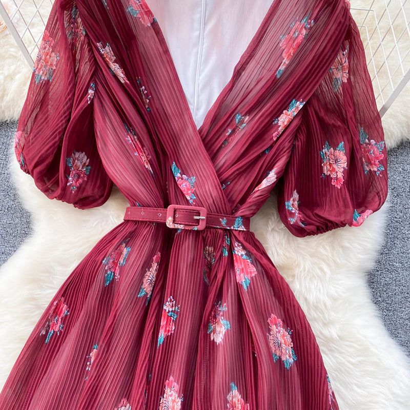 Rochie Echim rosie cu pliuri si imprimeu floral