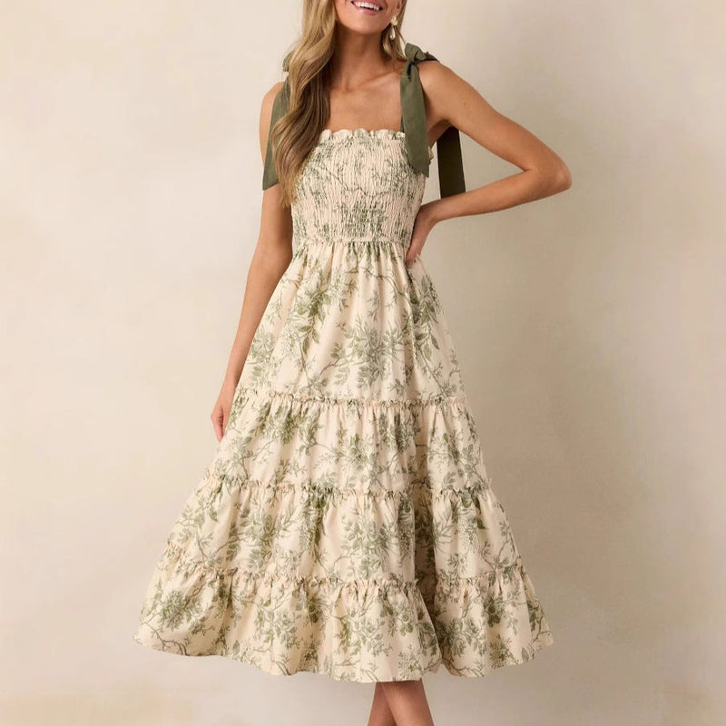 Rochie Soraya cu bretele tip fundita si imprimeu floral