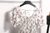 Rochie Danisha alba cu imprimeu floral, decolteu patrat si maneci scurte, bufante
