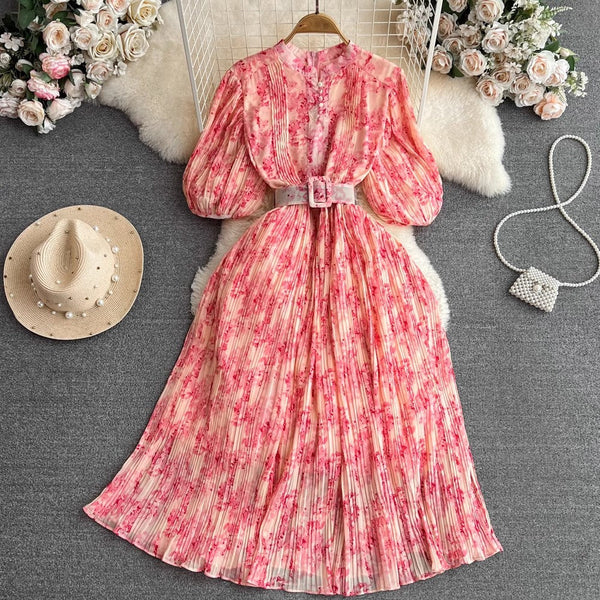 Rochie Galle roz cu imprimeu floral si pliuri
