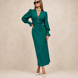 Rochie Iania verde cu decolteu in V si nasturi decorativi