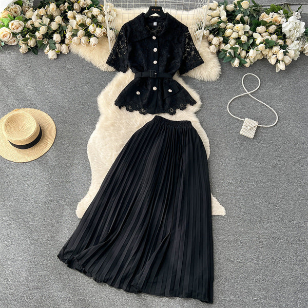 Set elegant Salem negru - compus din fusta plisata si top din dantela