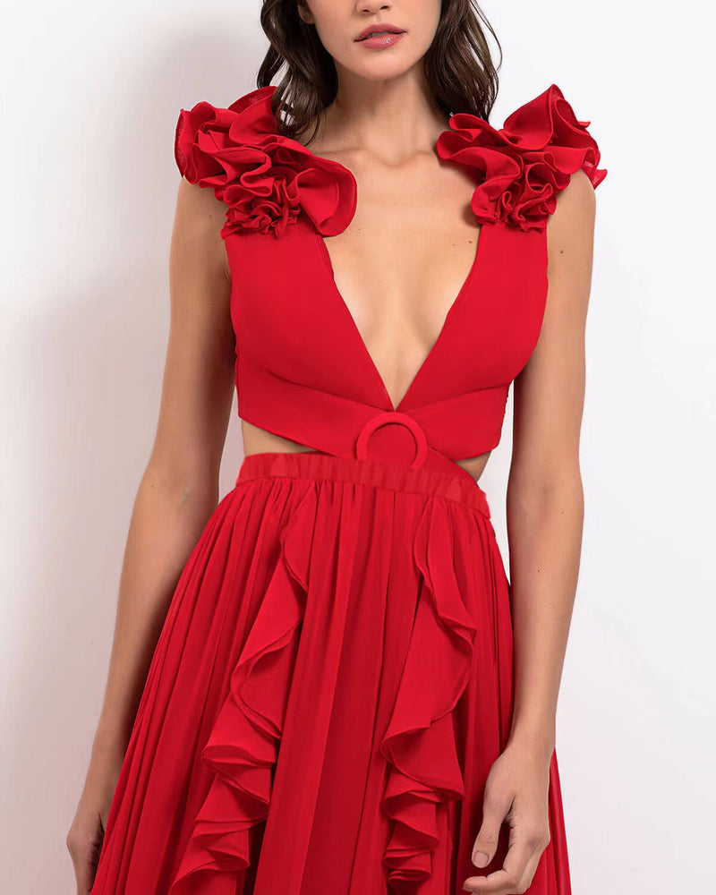 Set Minda rosu compus din costum de baie si fusta lunga vaporoasa