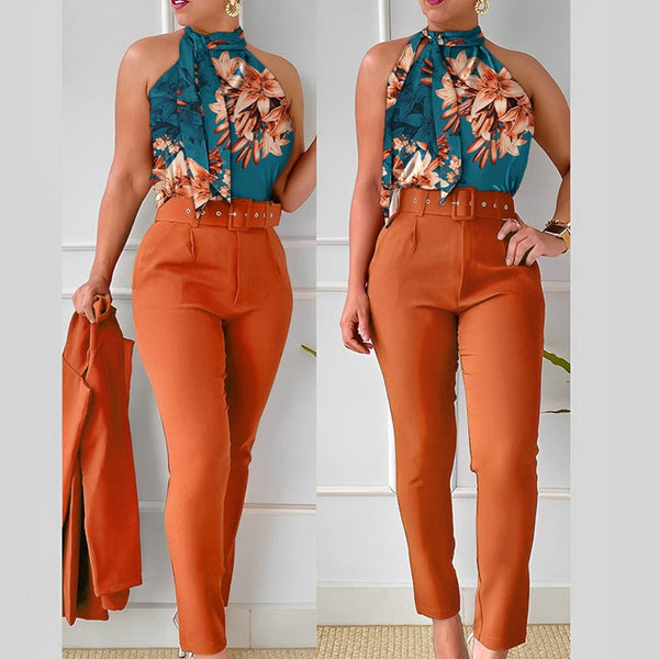 Set Denda caramiziu compus din pantaloni office cu talie inalta si top