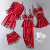 Set pijama Nergis alb din tesatura satinata si dantela - 5 piese
