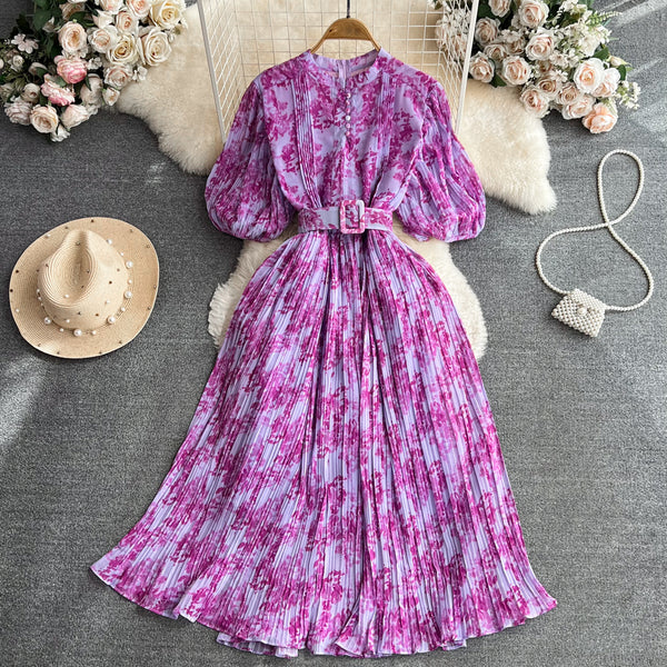 Rochie Galle mov cu imprimeu floral si pliuri