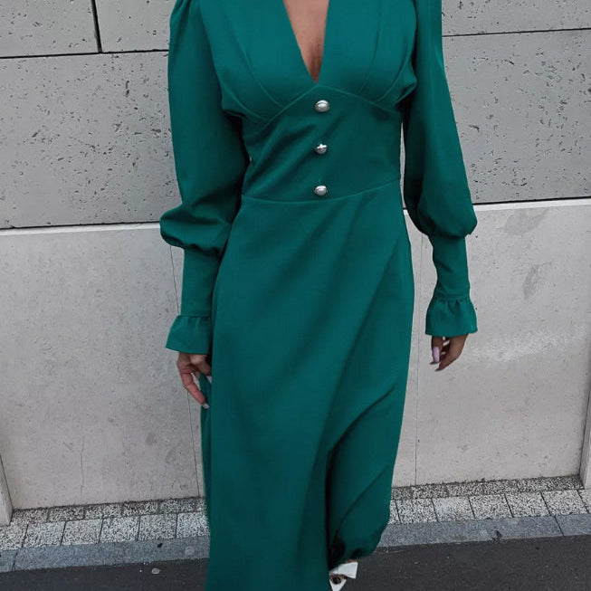 Rochie Iania verde cu decolteu in V si nasturi decorativi