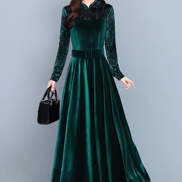 Rochie Bami verde din catifea cu banda lata in talie