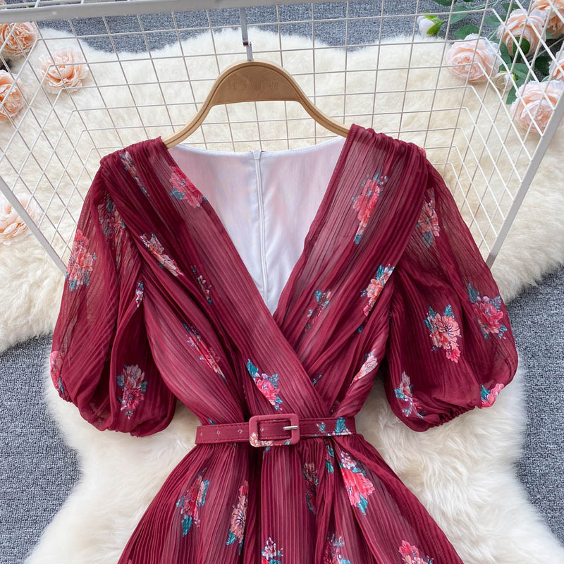 Rochie Echim rosie cu pliuri si imprimeu floral