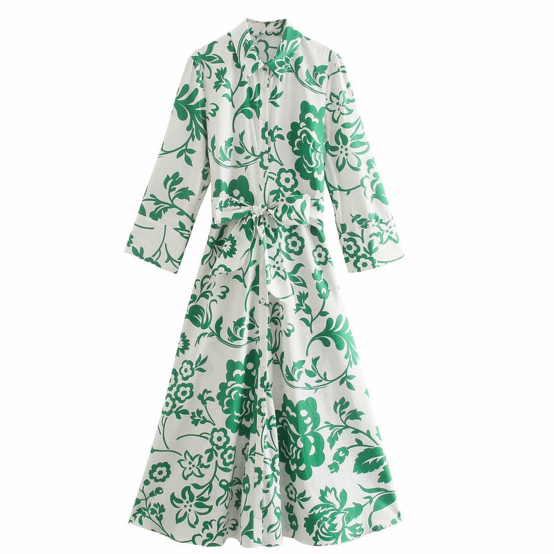 Rochie Orli verde tip camasa cu imprimeu floral si cordon accesorizat