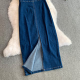 Rochie mulata Koca din denim, cu crapatura in fata
