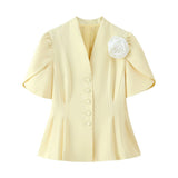 Sacou elegant Xia cu maneci scurte si brosa floare