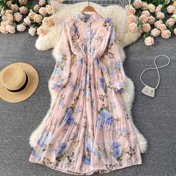 Rochie Miliona roz cu imprimeu floral si volanase