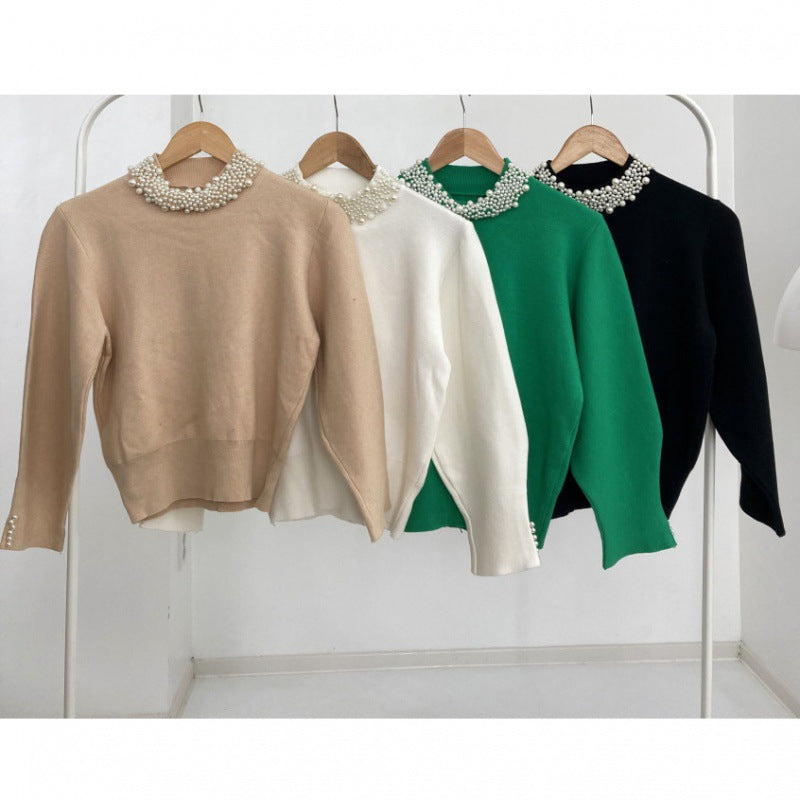 Pulover Ayana verde accesorizata cu perle