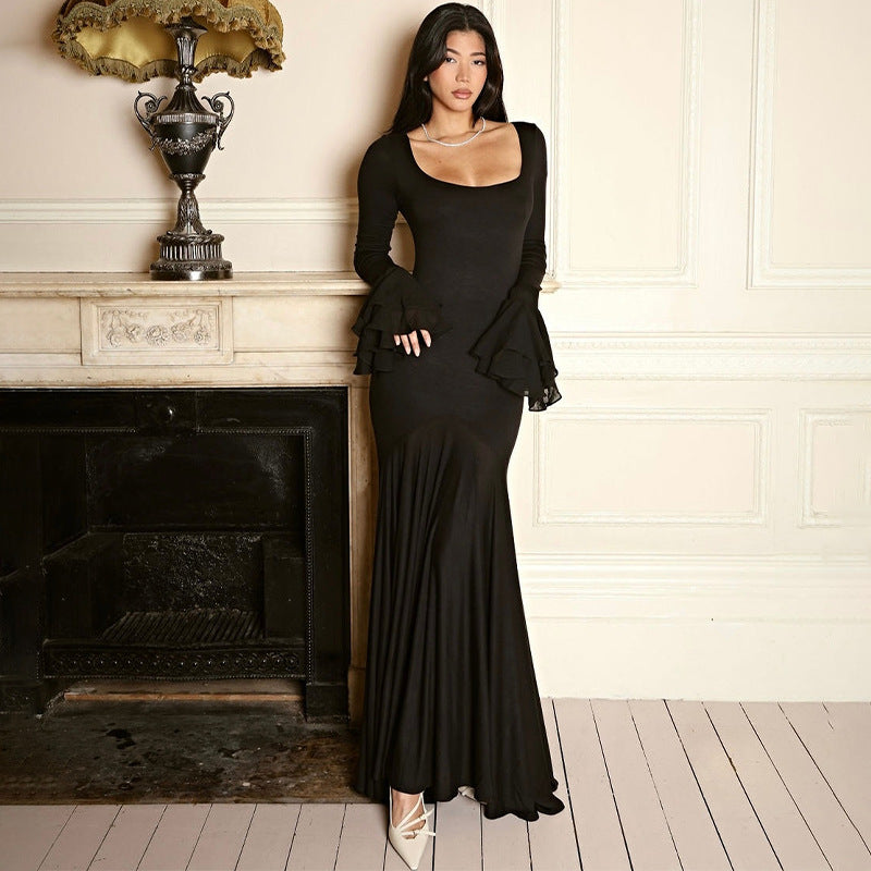 Rochie Jovana cu decolteu patrat si mansete cu volanase