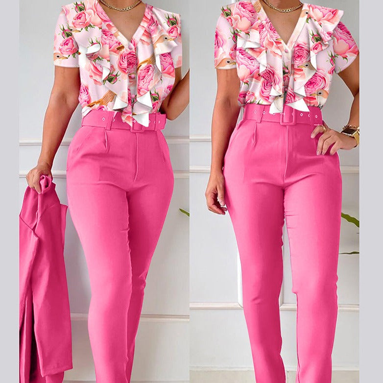 Set Denda roz compus din pantaloni office cu talie inalta si top