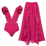 Set Minda roz compus din costum de baie si fusta lunga vaporoasa