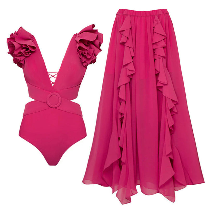 Set Minda roz compus din costum de baie si fusta lunga vaporoasa