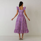 Rochie Ezora mov cu bretele si imprimeu floral