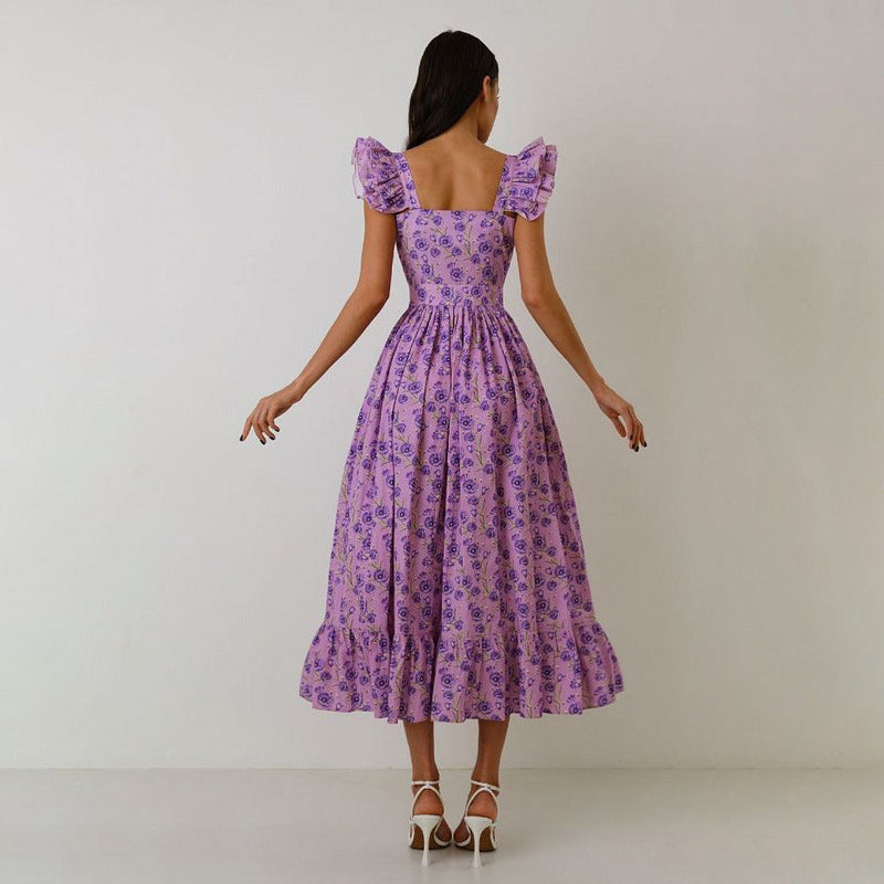 Rochie Ezora mov cu bretele si imprimeu floral