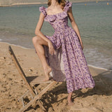 Rochie Ezora mov cu bretele si imprimeu floral
