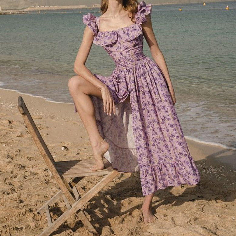Rochie Ezora mov cu bretele si imprimeu floral