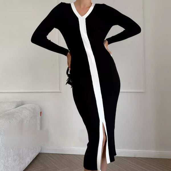 Rochie Alexia din tricot cu model bandă albă verticala