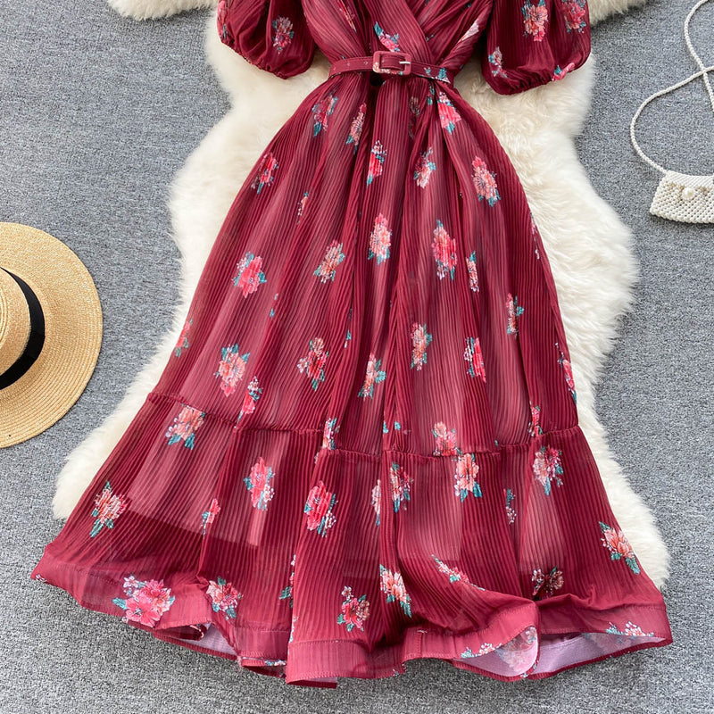 Rochie Echim rosie cu pliuri si imprimeu floral