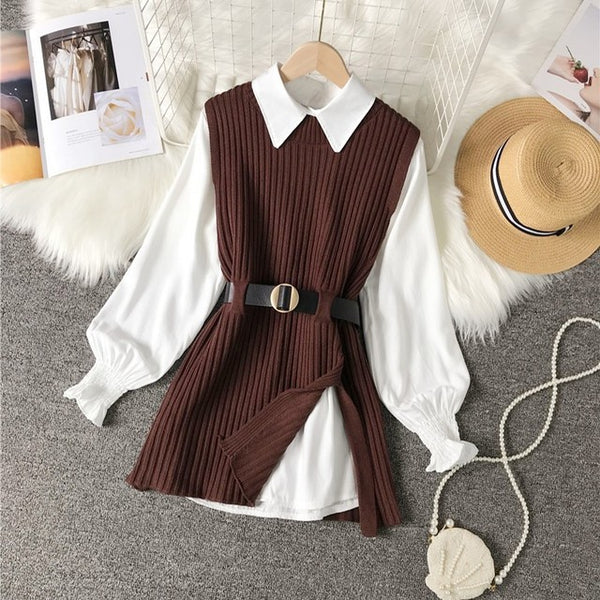 Set Mionna maro compus din camasa si vesta din tricot