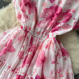 Rochie Brea roz cu nasturi imbracati si imprimeu floral
