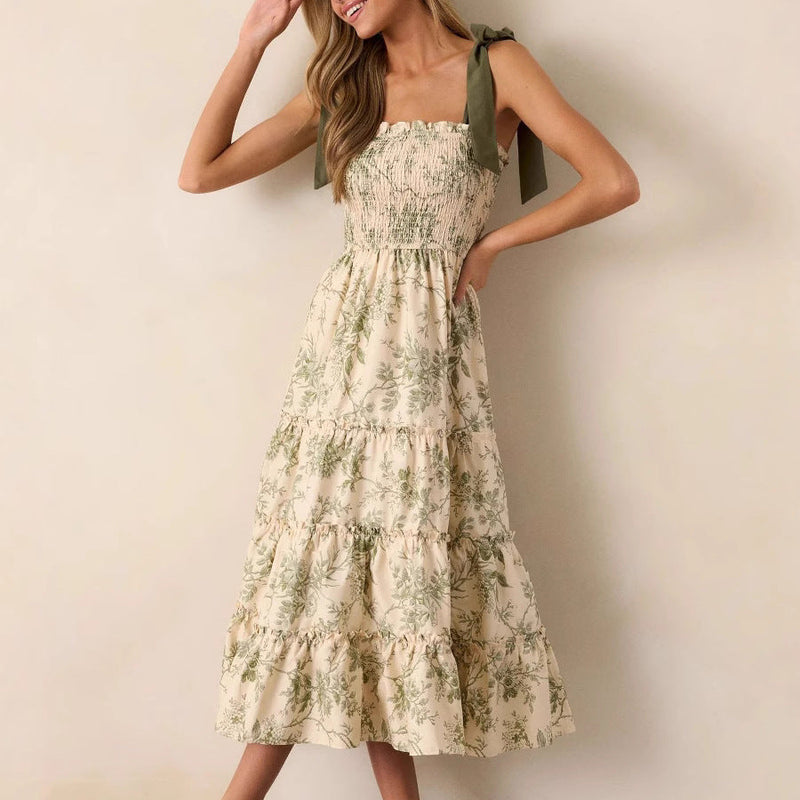 Rochie Soraya cu bretele tip fundita si imprimeu floral
