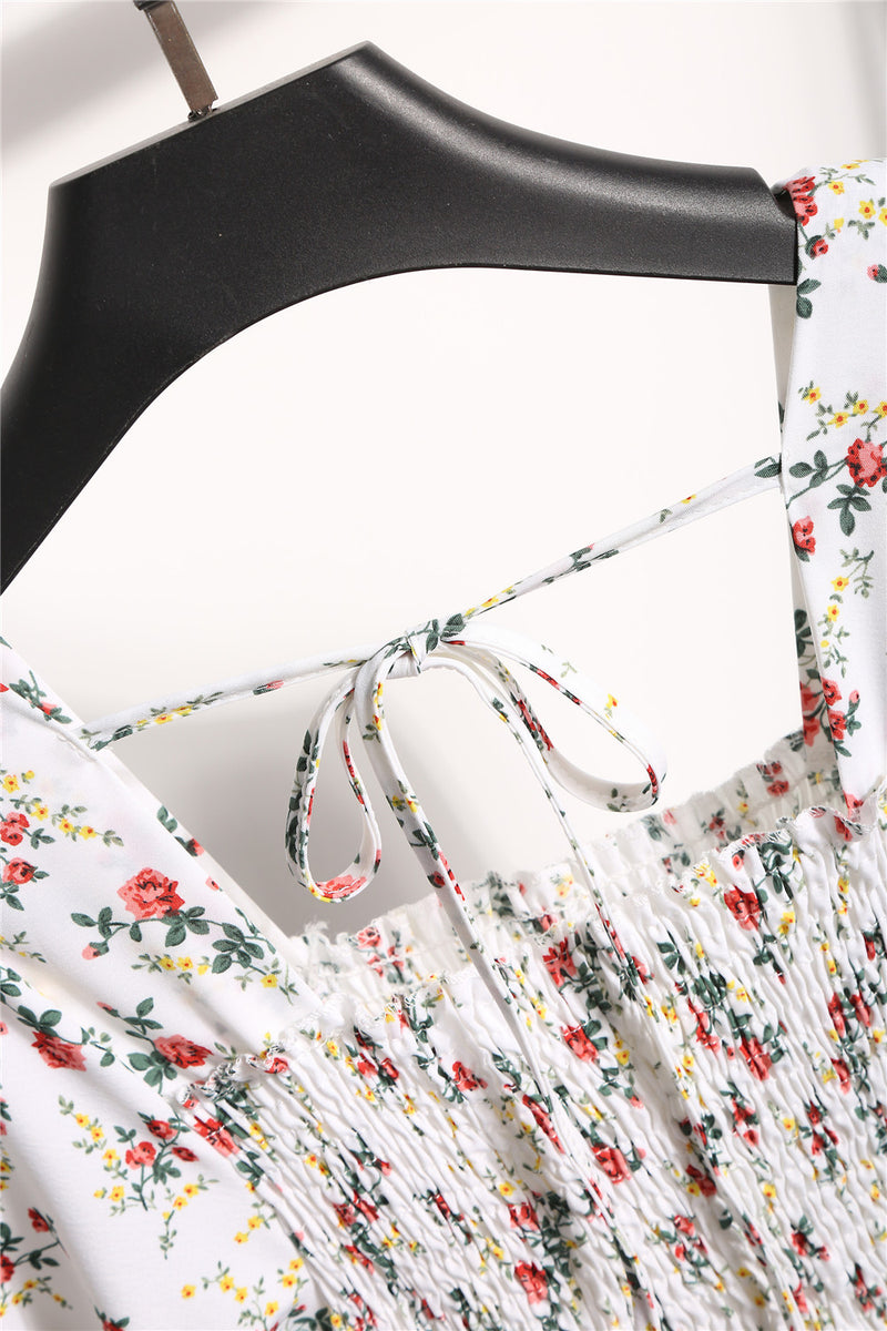 Rochie Danisha alba cu imprimeu floral, decolteu patrat si maneci scurte, bufante