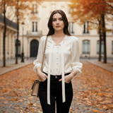 Camasa Norry alba cu decolteu in V accesorizat cu panglica si nasturi imbracati